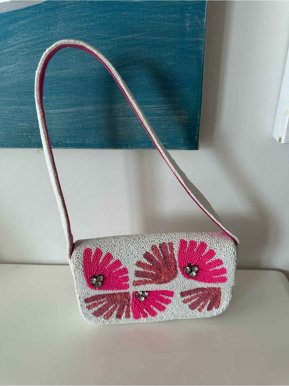 Anthropologie White Beaded Shoulder Bag with Pink Accents